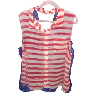 Jessica Simpson Semi Sheer Sleeveless Cut Out American Flag Top Sz 3X